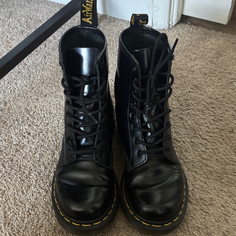 Dr. Martens Black Leather 8-Eye Lace-Up Boots with Yellow Stitching